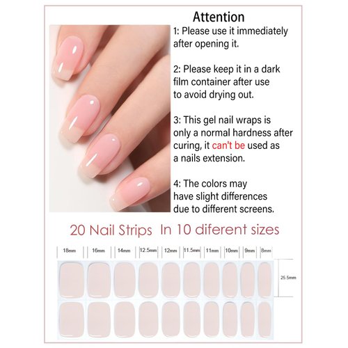 Wahrshei Semi Cured Gel Nail Strips, Natural Color, Jelly Nude, Easy to Use and Remove, 20pcs Gel Nails Sticker for Home Nails DIY