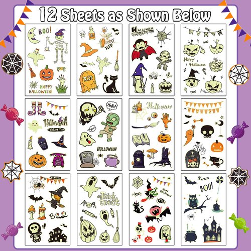Partywind 125 Styles Glow Halloween Birthday Party Decorations Temporary Tattoos for Kids, Luminous Halloween Party Supplies Favors, Halloween Goodie Bag Fillers Games for Kids Party