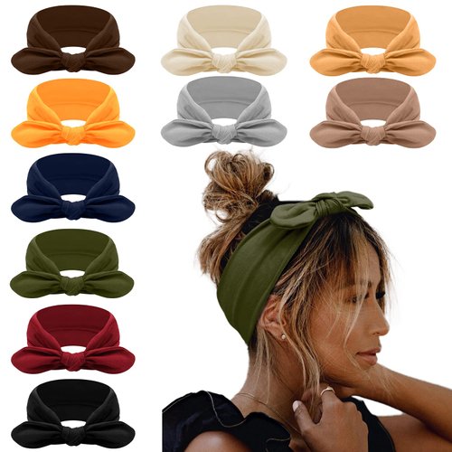 AKTVSHOW 10 Pack Headbands for Women, Bow Rabbit Ear Boho Headband Workout Running Sports Sweat Elastic Hair Wrap for Girls Cute Hair Accessories (Solid color)