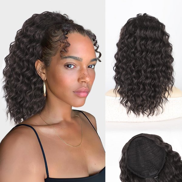 AISI BEAUTY Curly Ponytail Extension Drawstring Ponytail for Black Women 14 Inch Fake Ponytail Curly Synthetic Clip in Pony Tails Hair Extensions(Brown Black)