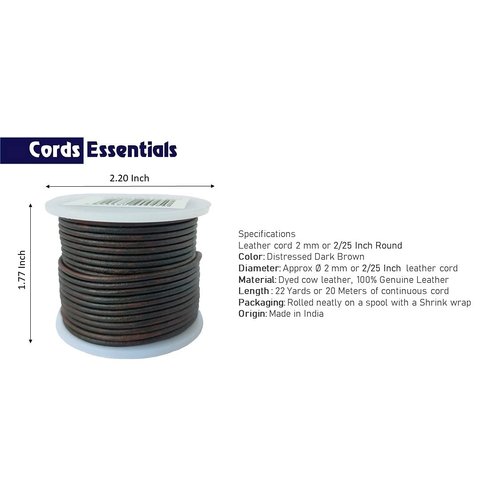 Cords Essentials Round Genuine Leather String Cord, Rope for Jewelry Making, Necklaces, Bracelets, Kumihimo Braiding, Wraps, Crafts and Hobby Projects (Distressed Dark Brown, 2.0 MM)