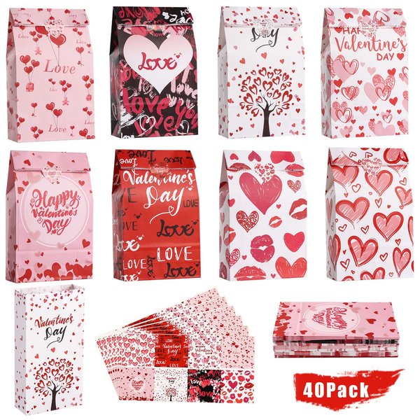 Valentines Gift Bags Party Favors - 40 PCS Valentine Paper Bags + 42 PCS Valentine Stickers for Kids Adult, 8 Patterns Valentine Treat Bags Valentine Goodies Bags for Wrapped Gifts Party Decorations