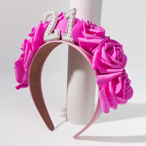 Wecoe 21st Birthday Headband Flower Crown Hot Pink Flower Floral Headband Birthday Crown Tiara Happy 21st Birthday Decoration Gift for Her Party Favors Party Supplies Hair Accessories for Women Girls