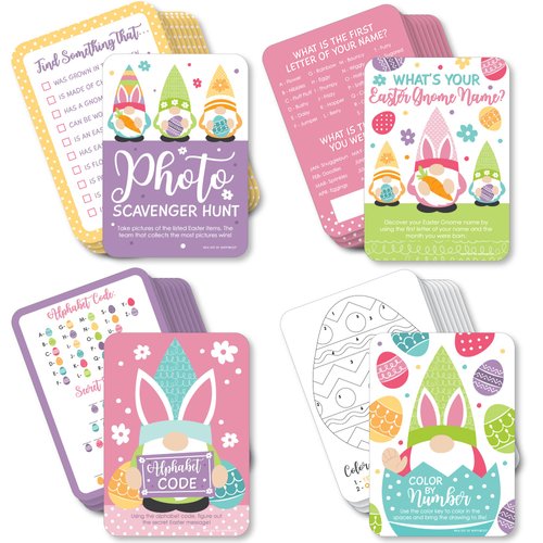 Big Dot of Happiness Easter Gnomes - 4 Spring Bunny Party Games - 10 Cards Each - Gamerific Bundle