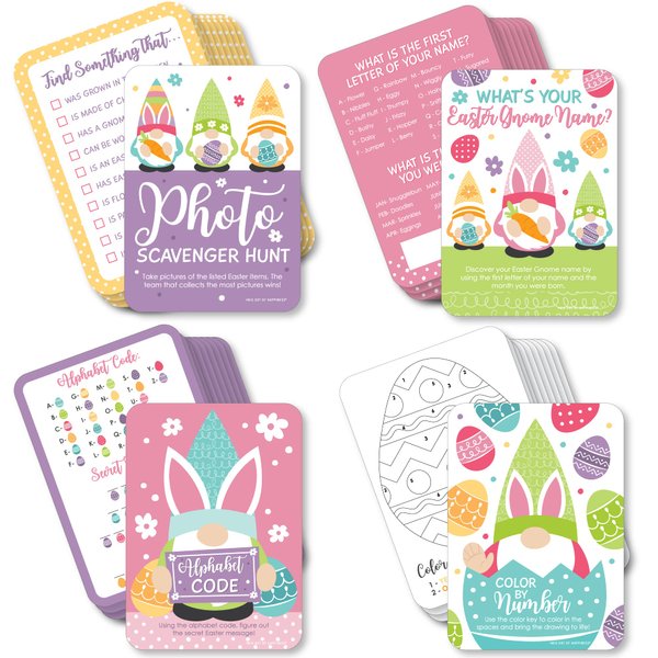 Big Dot of Happiness Easter Gnomes - 4 Spring Bunny Party Games - 10 Cards Each - Gamerific Bundle