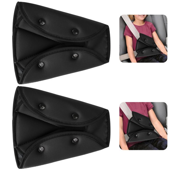 Seat Belt Adjuster for Kids & Adults, 2 Pack Seatbelt Adjuster for Kids, Seat Belt Clips, Auto Shoulder Neck Strap Adjuster, Safety Strap Triangle Positioner Car Seat Strap Pads Cover Harness (Black)
