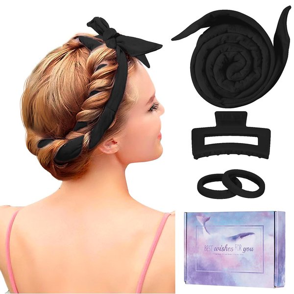 Heatless Curling Rod Headband, Upgraded 60" Extra Long Heatless Curls Headband Soft Hair Curlers to Sleep In Hair Rollers No Heat Curls (Black)