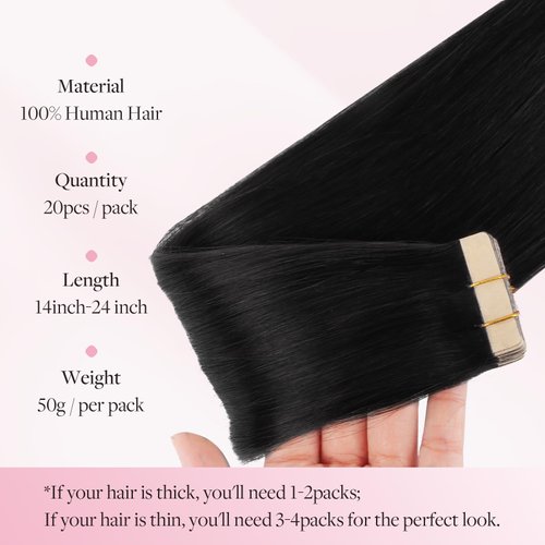 MAXITA Hair Extensions Tape in Natural Black Hair Extensions Tape in Extensions Remy Human Hair Seamless Straight Human Hair Extensions 22 Inch 20pcs 50g Real Human Hair for Women