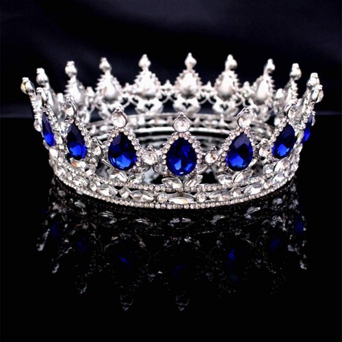 QIDIAN Bride Water Droplets Full Crown Pageant Crowns Princess Tiara Retro Round Crown Bride Hair Accessories (Blue)