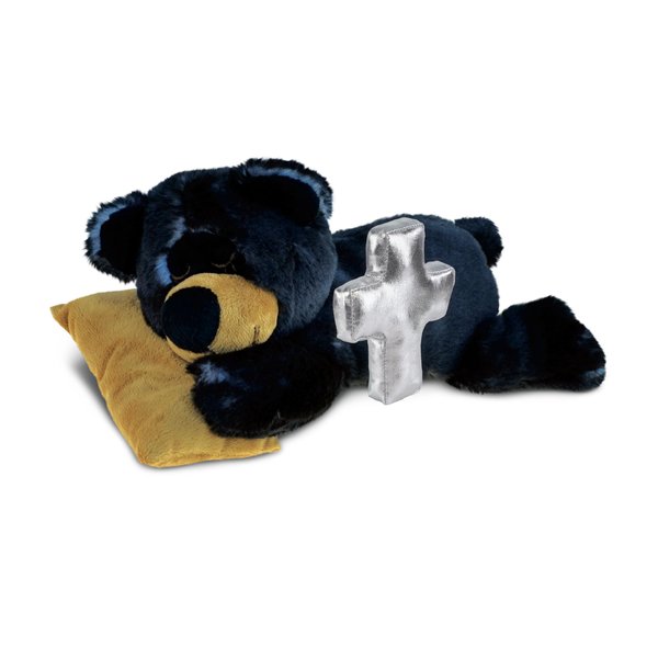 DolliBu Sleeping Black Bear with Pillow Stuffed Animal with Silver Cross Personalization - Religious Baptism Gifts for Boys, Girls, Dedication Christening Plush Prayer Toy Healing Teddy - 6 Inch
