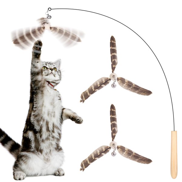 HOSFROLL Cat Toys Interactive for Indoor Cats, Cat Wand Toys with 3 Feather Refills, Sturdy Wood Handle with Flexible Steel Wire for Kitten, Feather Toys Refills for Bored Indoor Adult Cats