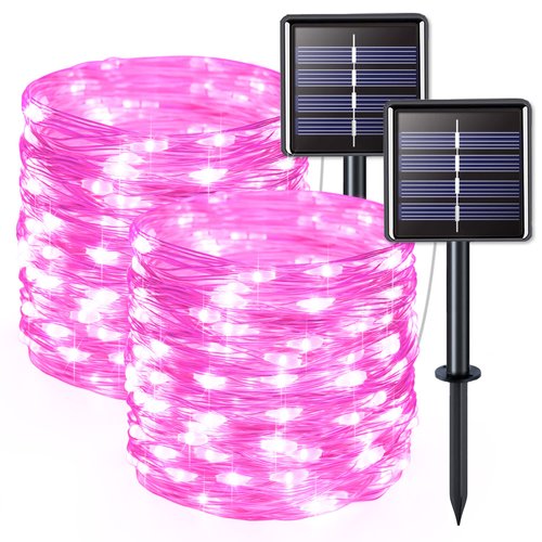 JMEXSUSS 2 Pack Valentine Day Decorations Lights, 33ft 100 LED Pink Solar String Lights Outdoor Waterproof, 8 Modes Copper Wire Solar Fairy Lights for Garden Party Girl Decorations