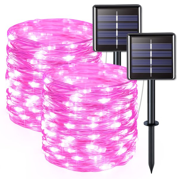 JMEXSUSS 2 Pack Valentine Day Decorations Lights, 33ft 100 LED Pink Solar String Lights Outdoor Waterproof, 8 Modes Copper Wire Solar Fairy Lights for Garden Party Girl Decorations
