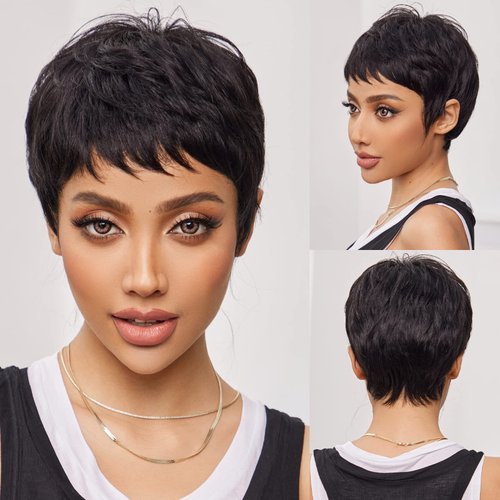 HAIRCUBE Pixie Cut Wigs for Black Women Pixie Cut Human Hair Wigs Short Remy Hair Black Color Short Black Layered Wavy Wigs (pixie cut wig, black 1B)