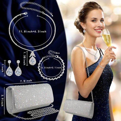4Pcs Silver Clutch Formal Purse Bag Jewelry Set for Women Evening Handbags Bling Rhinestone Necklace Earrings Bracelet Clutches Set for Women(Bling Style)