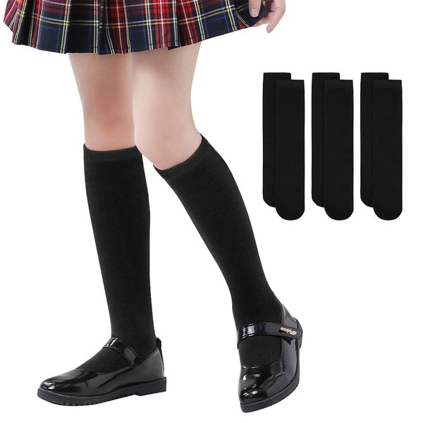 American Trends Kids Knee High Socks Boys Girls School Uniform Dress Socks Toddler Long Tube Seamless Knit Cotton Socks 3 Pack Black 5-7 years