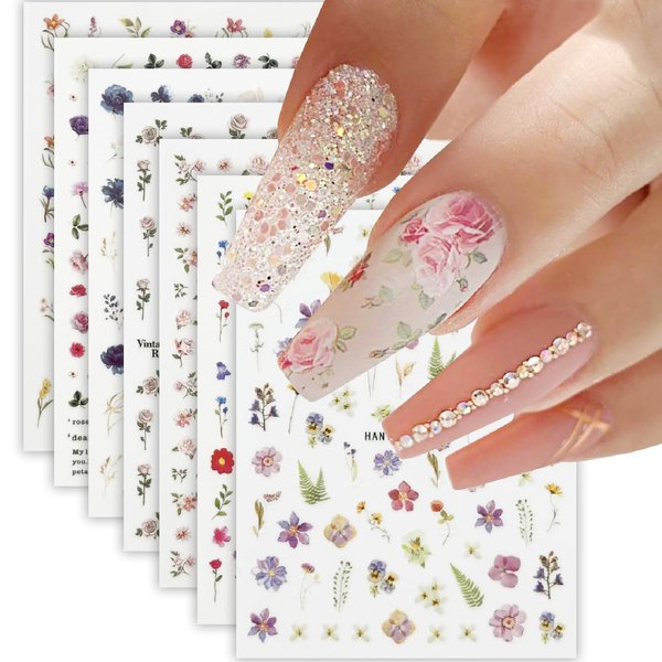 ITPOYOL 12 Sheets Flower Nail Stickers for Nail Art Spring Floral Nail Decals 3D Self-Adhesive Nail Art Supplies Charming Daisy Leave Peony Rose Design Nail Accessories for Women DIY Nail Decorations