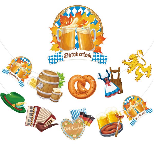 AhfuLife Oktoberfest Decorations Banner, Oktoberfest German Party Bunting Garland 133 Inch/ 3.4 M for Bavarian Party Supplies, Bavarian Party Beer Party Decorations