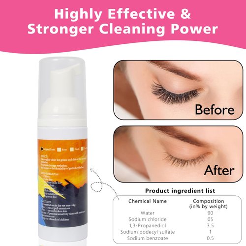 Buqikma Lash Shampoo for Lash Extensions - 2.11 Fl oz Lash Cleaning Kit Foam Cleanser Mini Lash Fan, Mascara Brush Cleaning Brush Bottle,Lash Fan Dryer Lash Wash Gift for Halloween Christmas (Pink)