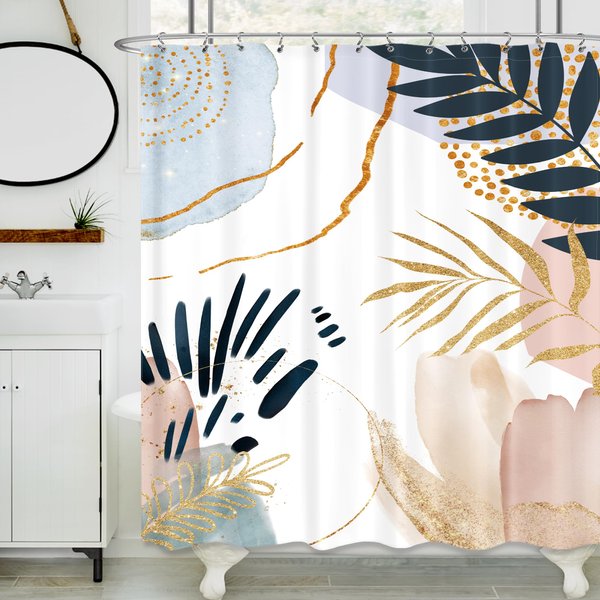LIGHTINHOME Abstract Mid Century Modern Shower Curtain 72Wx72H Boho Pastel Geometric Golden Leaves Minimalist Aesthetic Bathroom Home Decor Fabric Waterproof 12 Pack Plastic Hooks