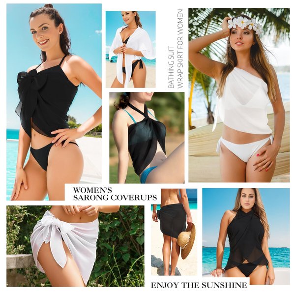 2pcs Beach Cover Up for Women, Chiffon Sarong Swimsuit Coverup for Pool, Summer Resort Wear Black White, S-M Fits Most (S-M Black+White)