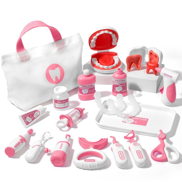 Liberry Toy Doctor Kit for Toddlers 3 4 5 Years Old, 22 Pieces Dentist Playset with Medical Bag & Dental Tools, Doctor Pretend Play Set for Girls Gift (Pink)