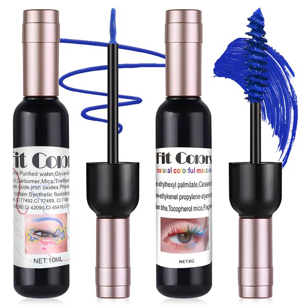 Wugbc Blue Liquid Eyeliner Mascara Set, 2Pcs Colored Wine Bottle Silk Fiber Eye Lash Liner Pencil Makeup, Waterproof Tubing Mascara Volume and Length, Colorful Smudge-Proof Natural Lasting for Women