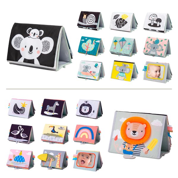 A Set of 2 Tummy Time Toys High Contrast Baby Book Crinkle Books for Babies Infant Tummy-time Soft Crinkle Activity Book with Huge Baby Safe Mirror, 3D Activities, Textures and a Soft Baby Teether