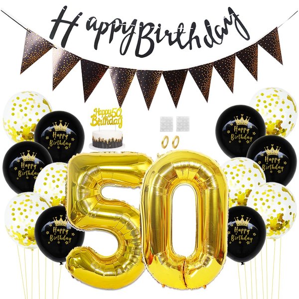 Daimay 50th Birthday Party Decorations Gold Black Happy Birthday Latex Confetti Balloons Triangle Flag Banner Number 50 Foil Balloon Cake Topper for Men Women Anniversary Birthday Party Supplies