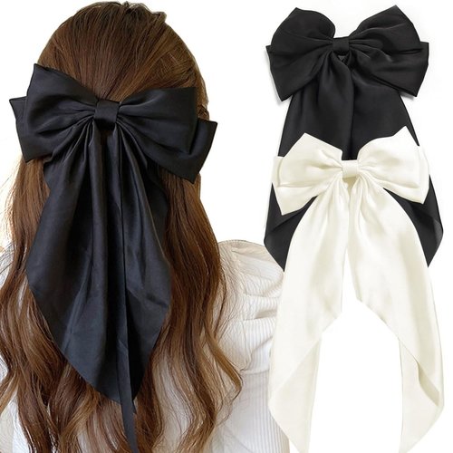 Hair Bows for Women,Satin Bow Barrette Hairclip Long Tail Ponytail Holder Wedding Party Hair Accessories (Black+Beige)