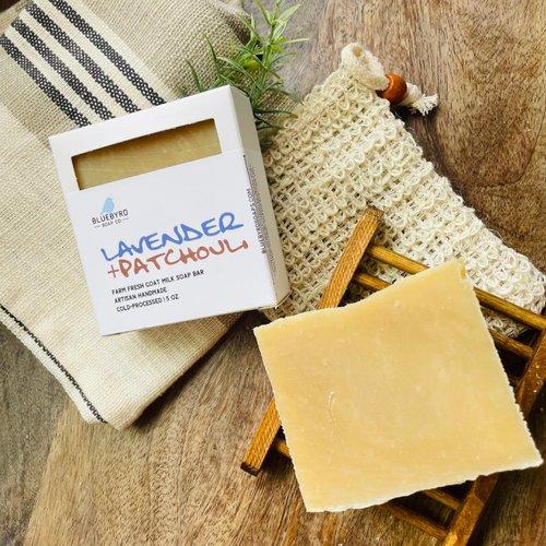 Bluebyrd Soap Lavender + Patchouli Goat's Milk Soap Bar | Nourishes, Moisturizes & Hydrates | 100% Natural Vegatable Soap with Lactic Acid - Good for Sensitive Skin - Cruelty Free (Patchouli Lavender)