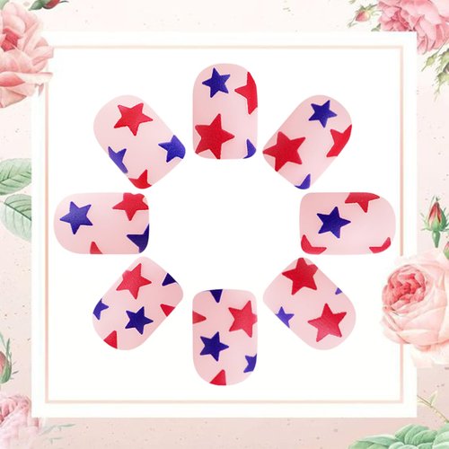 24Pcs 4th of July Press on Nails Short Square Fake Nails with American Flag Patriotic Five-Pointed Star Design Glue on Nails Red White Blue Cute Acrylic Nails Independence Day False Nails for Women