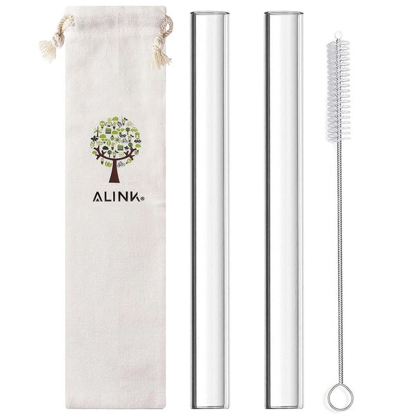 ALINK Glass Boba Straws, 14 mm x 9 inch Reusable Jumbo Clear Bubble Tea Straws for Smoothie, Tapioca Poping Pearls, Shakes, Pack 2 with Cleaning Brush and Case
