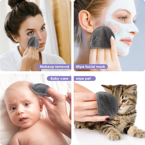 SUNLAND Reusable Makeup Remover Pads for Face,Eye,Lips 16 Pack Microfiber Face Cleansing Gloves Washable with Laundry Bag and Travel Bag Rounds Toner Pads (round 3.15inchx16, dark grey)