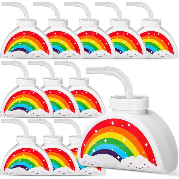 Domensi 12 Pack Rainbow Party Favor Supplies Bulk Rainbow Shape Cup with Lid Straw 10oz Plastic Reusable for Kid Child Birthday Operation Christmas Thanksgiving Christian Charity Donation Gift