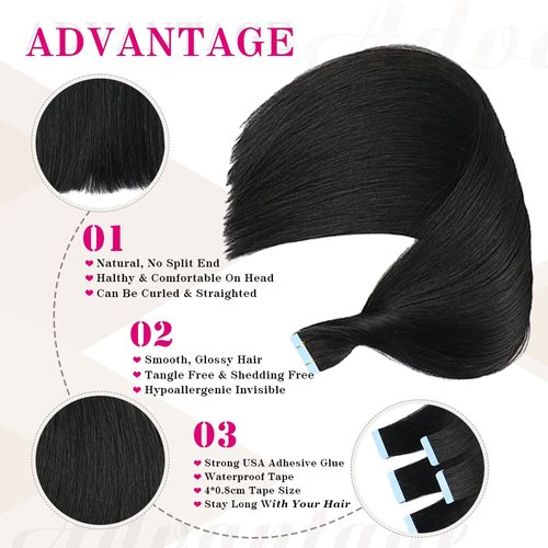 Tape in Hair Extensions Human Hair 100% Real Remy Human Hair Extensions Seamless Straight Hair extensions Real Human Hair Tape in Extensions 10 Inch 20Pieces 40g/Set #1 Jet Black