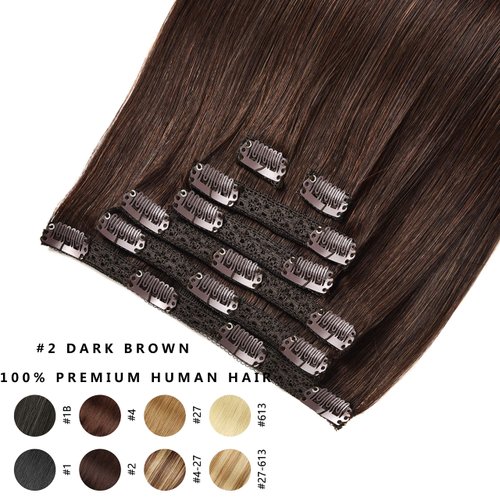 Clip In Human Hair Extensions,70g 7pcs Double Weft Silky Straight Dark Brown Real Human Hair Clip Ins 14inch 100% Human Hair Clip In Extensions