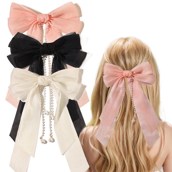 Bow Hair Clips for Women, Hair Ribbon Clip Bows With Long Tail Bowknot Hair Clips for Girls Teens Kids Big Bow Hair Barrettes Black White Tassel Hair Accessories (Black Beige Pink)