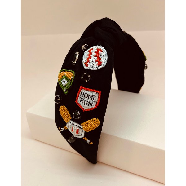 Miracle Collection Top Knotted Beaded Baseball Golf Pickle Ball Tennis Game Day Headband with Embelishment for Preppy Comfy Accessories Gift for Sports Fans and Women (Homerun-BK)