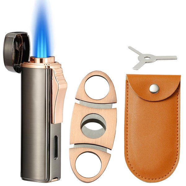 Futlidys 420 Carbon Steel 𝐂𝐮𝐭𝐭𝐞𝐫 and Torch Lighter Set, Built-in 𝐏𝐮𝐧𝐜𝐡, Triple Jet Flame Butane Lighter, Refillable Windproof Gas Lighter. Grey(Sold Without Gas)