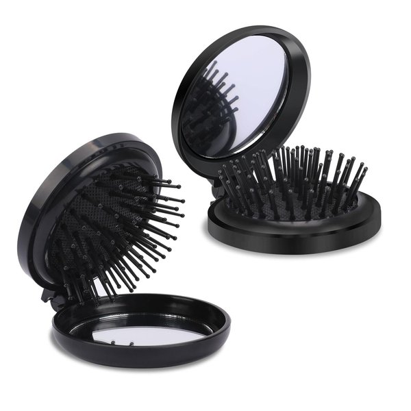 Hair Brush with Compact Mirror for Purse, 2 Pieces Foldable Hair Brush Travel Hair Brush Round Pocket Hair Brush Small Hair Brush Compact Hair Brush Folding Massage Comb for Women Girls Men, Black