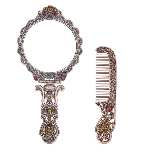 Nerien Vintage Mirror Comb Set Metal Antique Rose Style Handheld Makeup Mirror Travel Round Folding Cosmetic Mirror Women's Vanity Handle Foldable Mirror Decorative Tabletop Mirror Copper