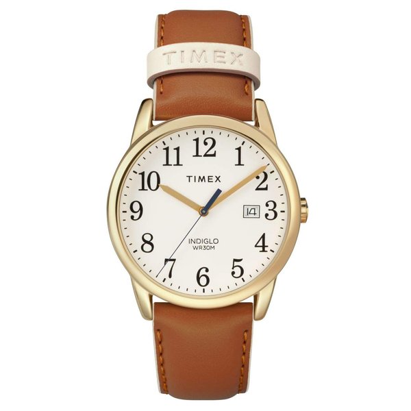 Timex Women's Easy Reader 38mm Watch – Gold-Tone Case Cream Dial with Brown & Pink Leather Strap