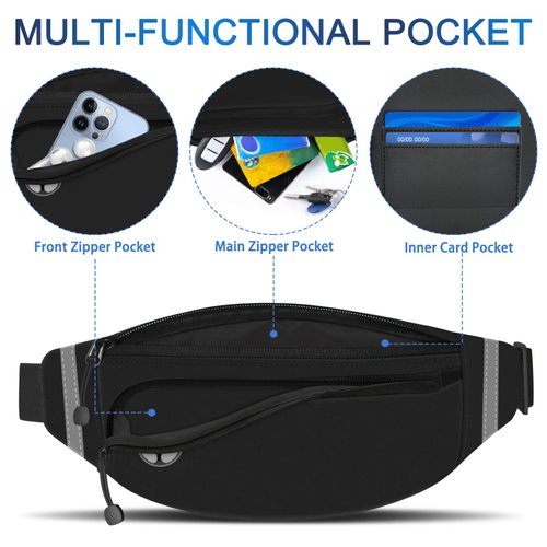 TORRYZA Fanny Packs for Women Men, Fashion Waist Pack with Waterproof & Reflective Strip, Lightweight Running Belt Bag with Adjustable Strap, Waist Bag for Hiking Cycling Walking Traveling(Black)