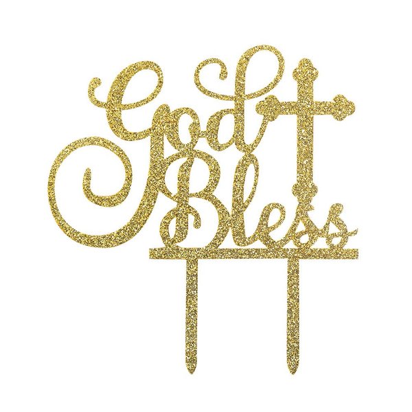 Topfunyy God Bless Cake Topper Gold Acrylic Topper for Baptism, Christening, First Communion Baby Shower Party Decoration