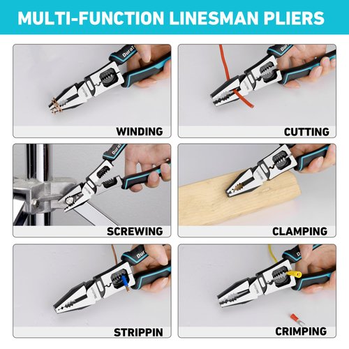 DURATECH 6-in-1 Linesman Pliers, 8.5" Multipurpose Combination Pliers with Wire Stripper/Crimper/Cutter Function, Heavy Duty Side-Cutting Pliers for Crimping, Stripping, Shearing, Screwing
