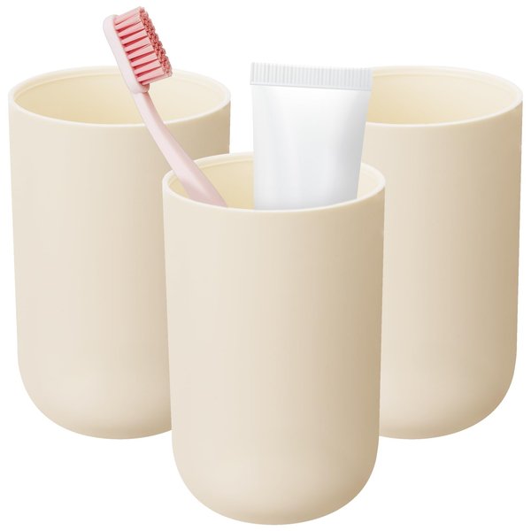 NiHome Toothbrush Holders for Bathrooms 3 Pcs, Plastic Reusable Bathroom Tumbler Toothbrush Cups, 13.5oz Unbreakable Mouthwash Cups Easy to Clean (Cream)