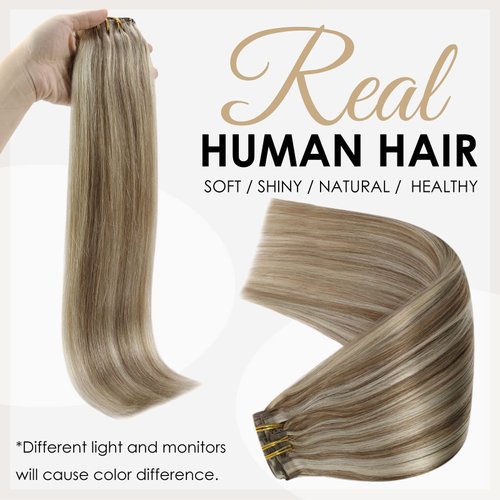 Full Shine Clip in Hair Extensions Ash Brown Highlights Platinum Blonde 14 Inch Full Head Clip in Hair Extensions 8Pcs/120G Pu Weft Real Human Hair Clip in Extensions Seamless Human Hair