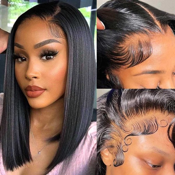 HUIWANYAN Bob Wig Human Hair 13x4 HD Lace Frontal Wig Pre Plucked Hd Lace Front Glueless Wigs Human Hair Wigs Human Hair 180% Density Straight Short Bob Wigs For Black Women Natural Color 12 Inch