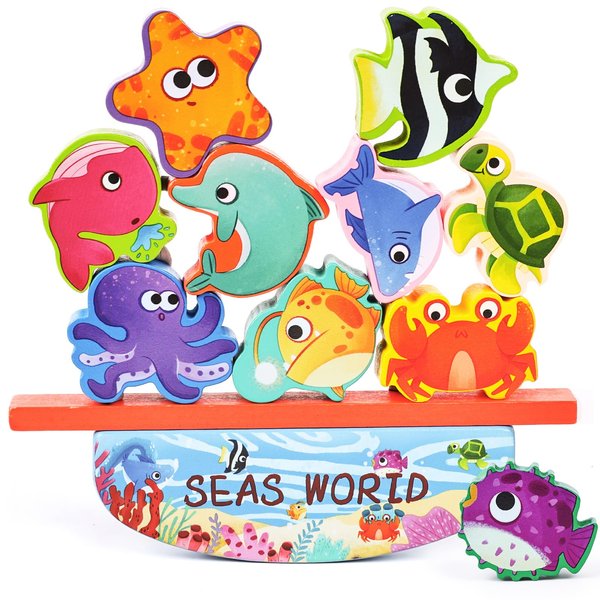 3 otters 10PCS Wooden Stacking Toys, Marine Animal Stacking Building Blocks Montessori Toy for Toddlers Kids